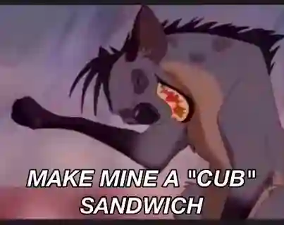 Animated GIF of Shenzi from The Lion King saying 'Make mine a cub sandwich!'.